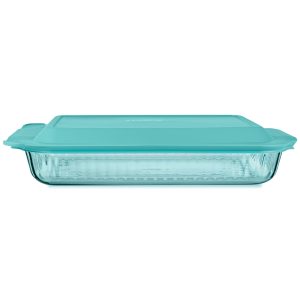 Pyrex? Sculpted Tinted Glass 3QT Oblong Baking Dish with Lid. Aqua