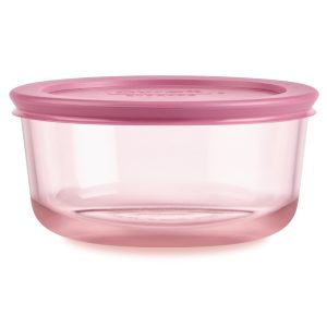 Pyrex Simply Store Tinted Glass 4-cup Round Storage Container with Lid. Pink