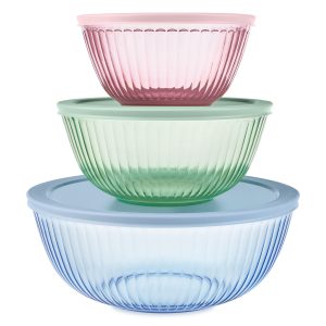 Pyrex Sculpted Tinted Glass Mixing Bowls with Lids. 6-pc Set. Mixed Colors