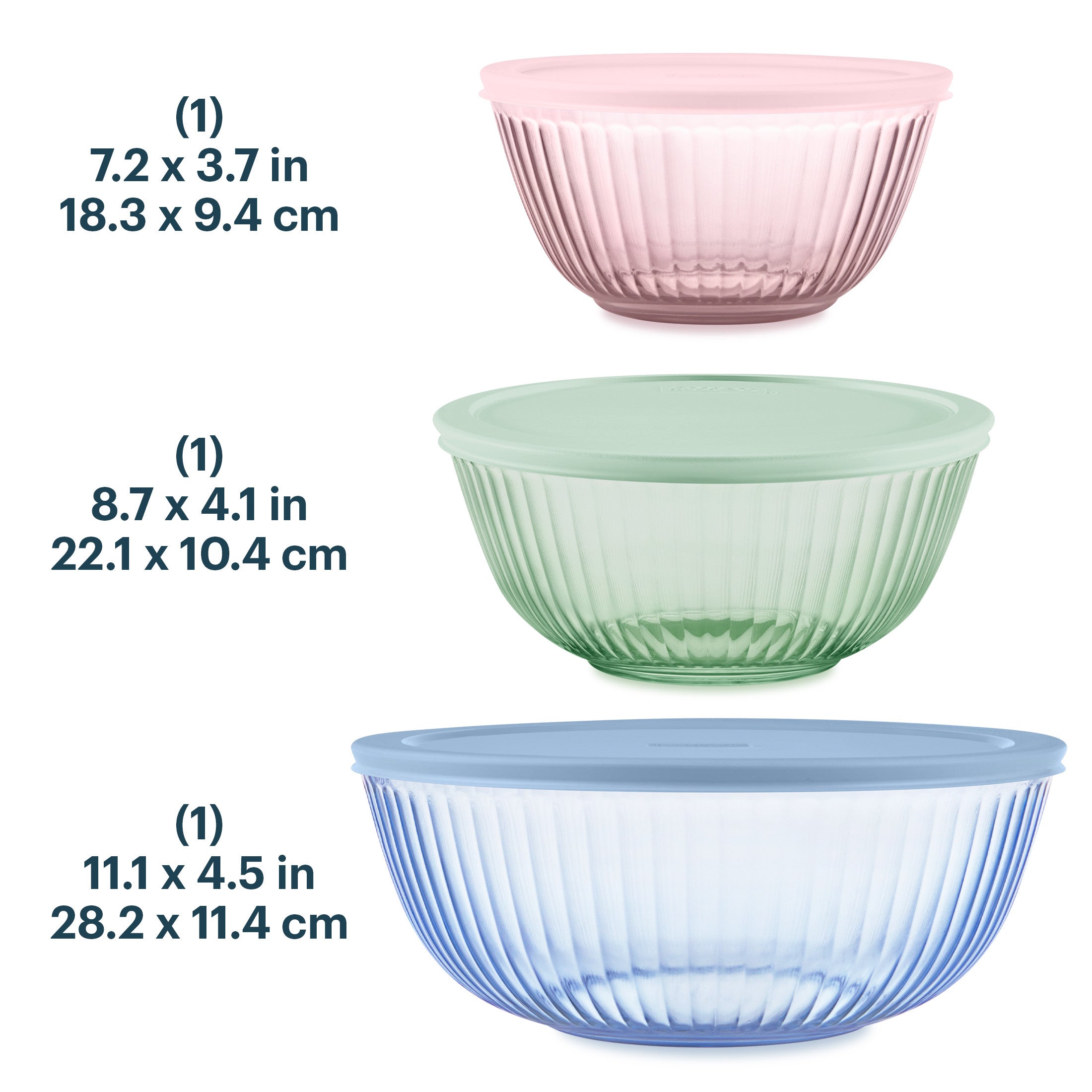 Pyrex Sculpted Tinted Glass Mixing Bowls with Lids. 6-pc Set. Mixed Colors - Image 3