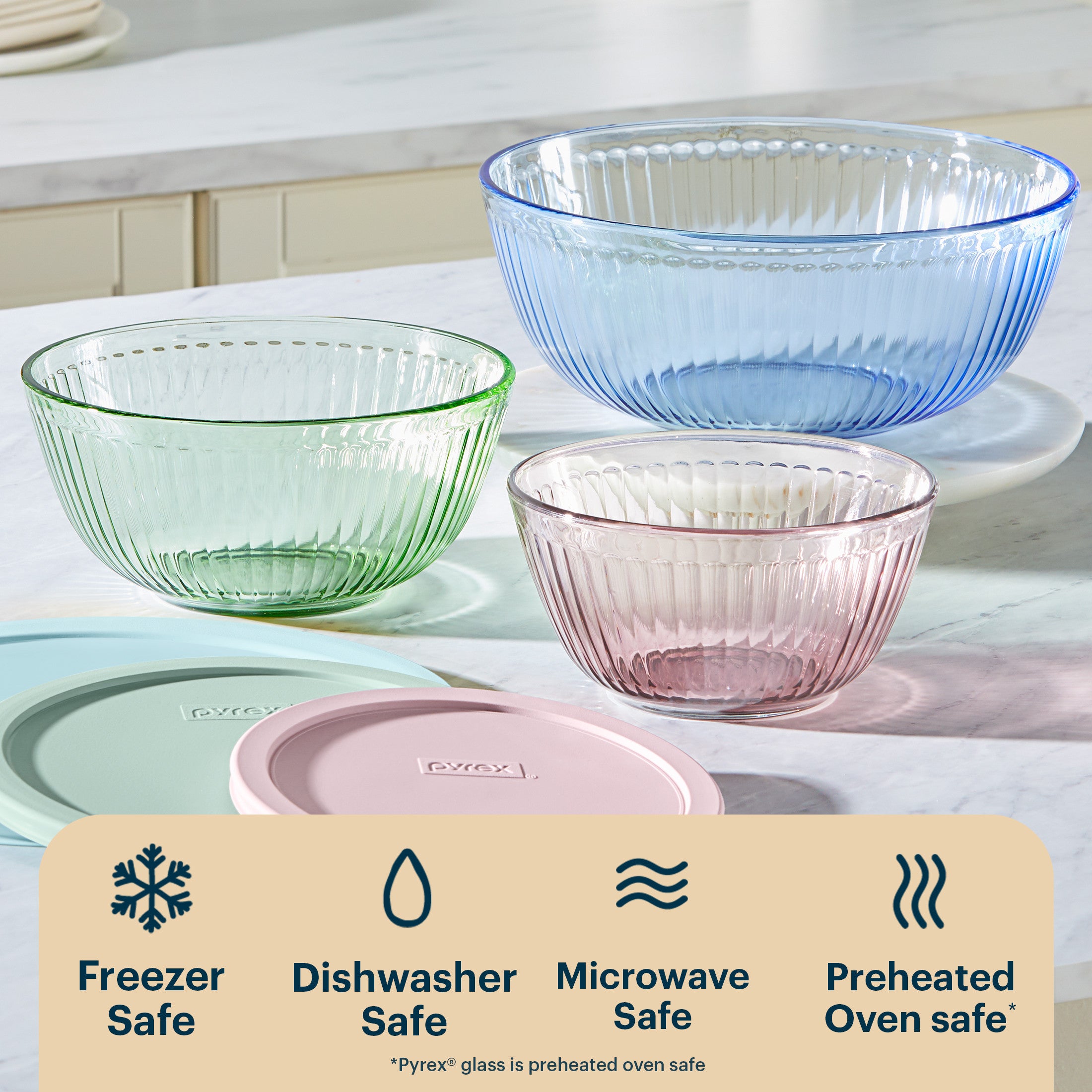 Pyrex Sculpted Tinted Glass Mixing Bowls with Lids. 6-pc Set. Mixed Colors - Image 4
