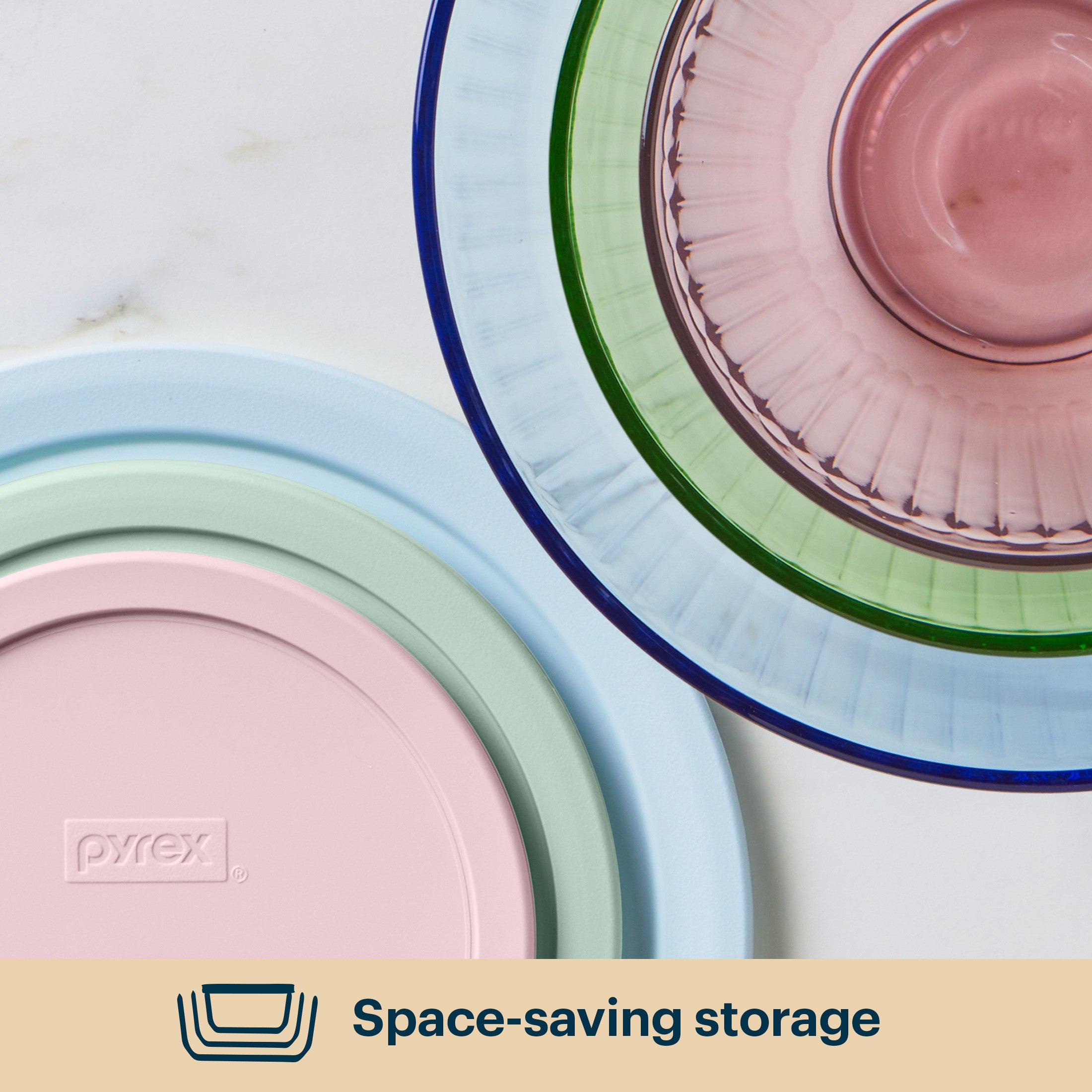 Pyrex Sculpted Tinted Glass Mixing Bowls with Lids. 6-pc Set. Mixed Colors - Image 5