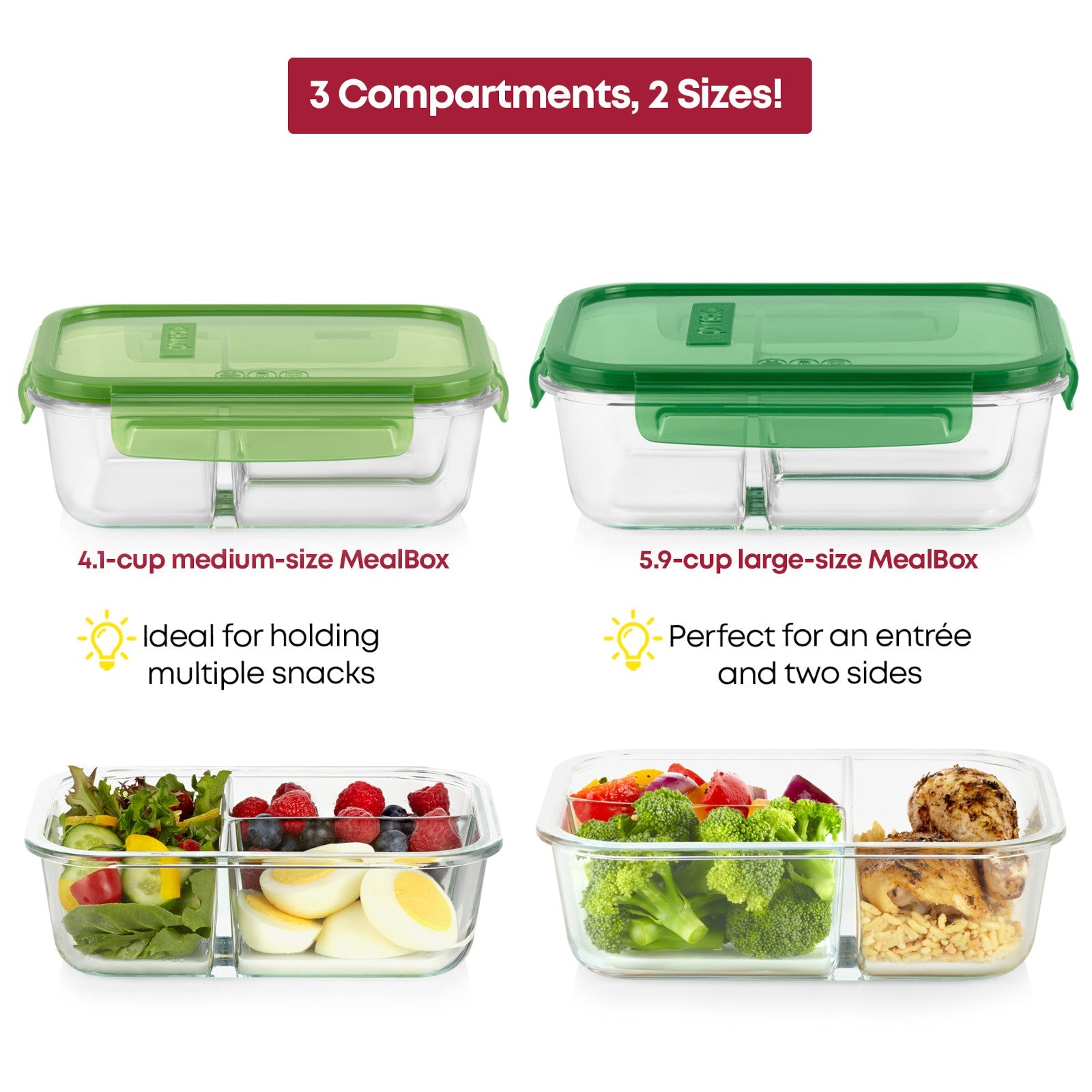 Pyrex? MealBox? 4-cup Divided Glass Food Storage Container with Green Lid - Image 4
