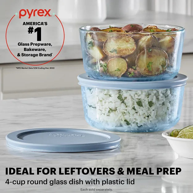 Pyrex Simply Store Tinted 4-cup Round Storage with Blue Plastic Lid - Image 2