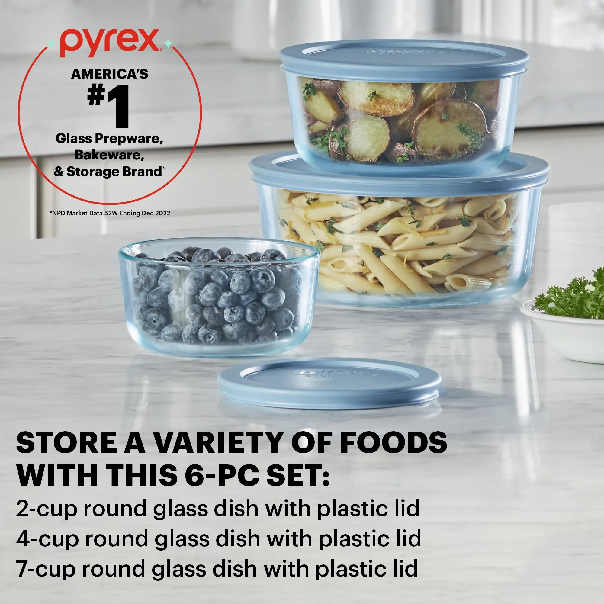 Pyrex? Simply Store? Tinted 6-piece Round Storage Set with Blue Plastic Lids - Image 2