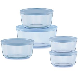 Pyrex Simply Store Tinted 10-piece Round Storage Set with Blue Plastic Lids