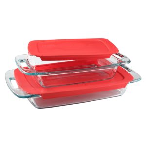 Pyrex? Easy Grab? 4-piece Rectangular Glass Bakeware Set with Red Lids